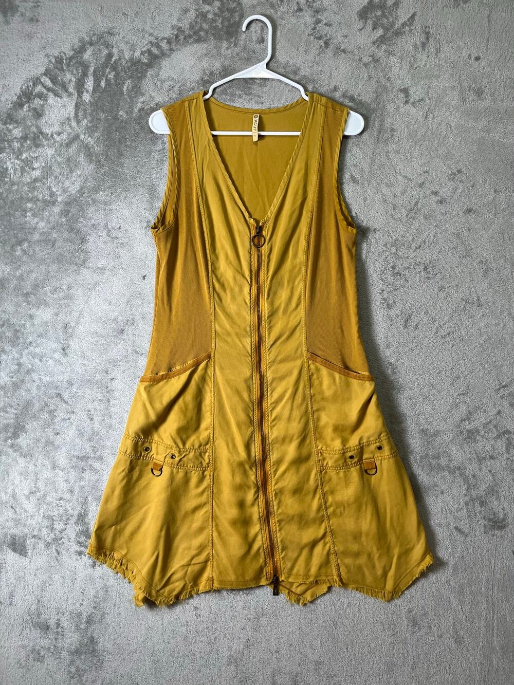 XCVI Melar Dress Mustard Yellow Zip Front Utility Lagenlook Midi Boho Pockets L